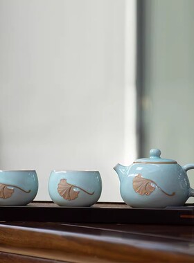 王振芳大师手工茶具套装银杏叶茶壶中式茶杯弘宝汝窑天青一壶两杯