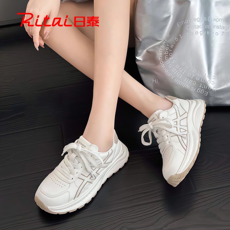 日泰真皮运动鞋女秋季2025新款复古百搭透气休闲软底厚底小白鞋女
