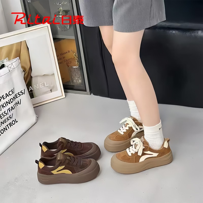 日泰真皮厚底德训鞋女秋季2025新款复古休闲运动板鞋松糕底面包鞋
