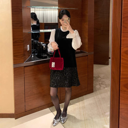 Newopen冬法式富家千金重工亮片拼接丝绒假两件连衣裙F7026小黑裙