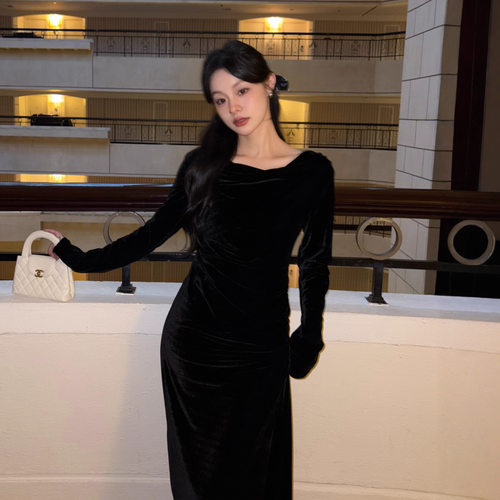 Newopen25冬年会聚会小黑裙赫本风气质长款显瘦净版丝绒连衣裙