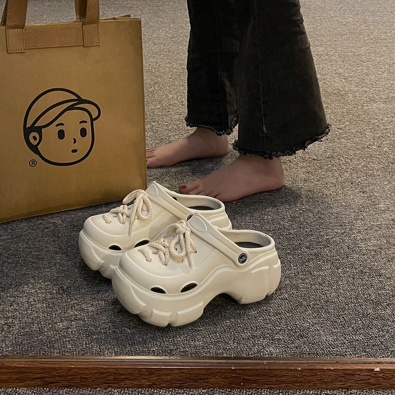 网红绑带洞洞鞋女外穿2025夏季新百搭高跟增高沙滩包头拖鞋女外穿
