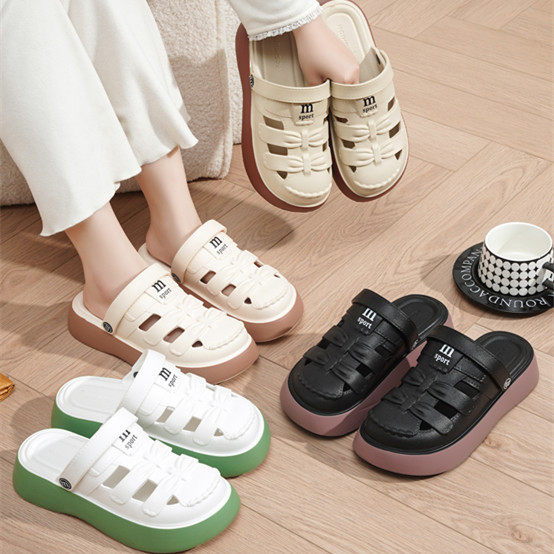 新款秋季半拖女生时尚休闲平底外穿一脚蹬女包头凉拖扣子女鞋
