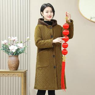 冬装新款妈妈长款连帽棉衣保暖外套中老年灯芯条绒棉服加绒加厚袄