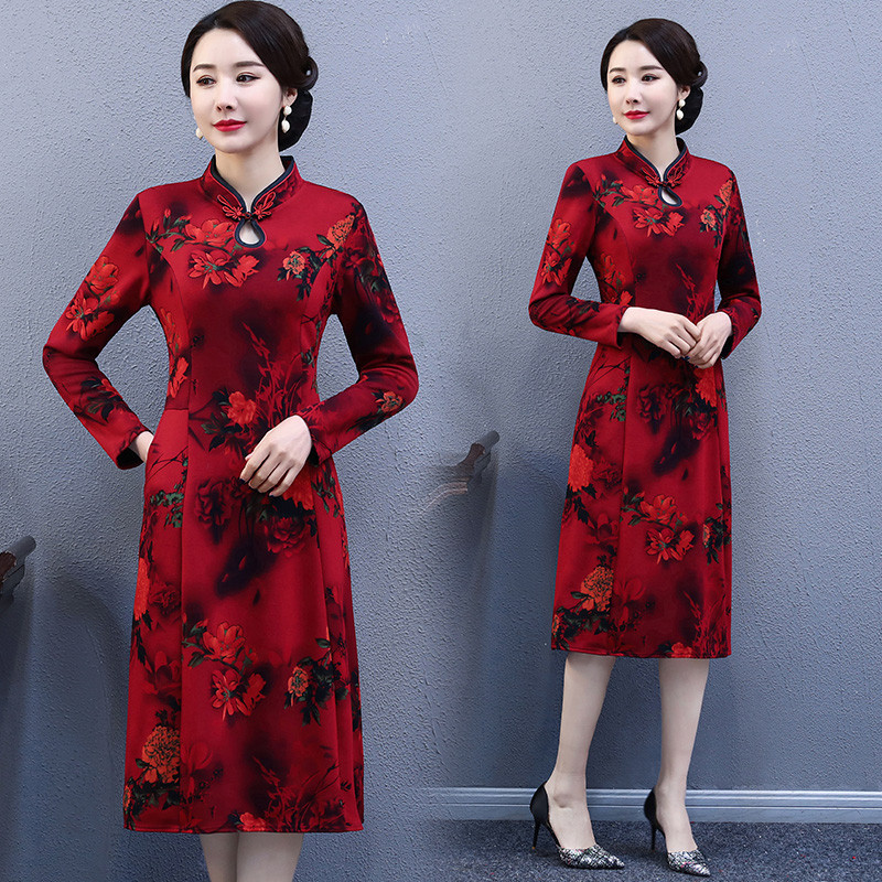 春装新款长袖连衣裙大码大码宽松水滴领改良旗袍裙子中老年妈妈裙