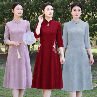中老年女复古连衣裙显瘦妈妈装改良旗袍裙七分袖春秋季连衣裙新款