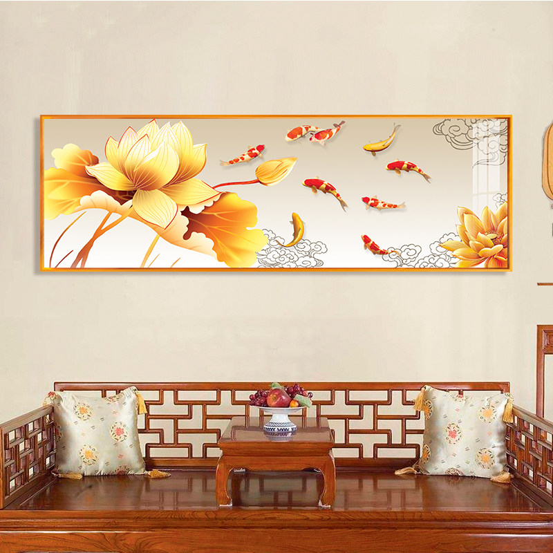 中式现代牡丹荷花九鱼图客厅装饰画有框晶瓷办公室壁画酒店客房画