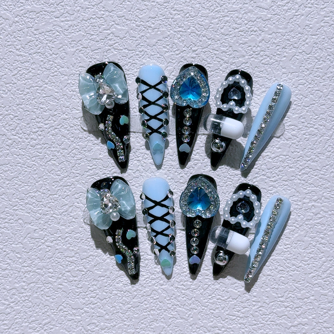 原创纯手工y2k辣妹穿戴甲黑色重工酷炫风蓝色美甲可拆卸指甲贴片