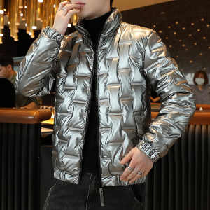 2024新款男青少年羽绒棉服银灰色亮面棉衣男士韩版冬外套图片
