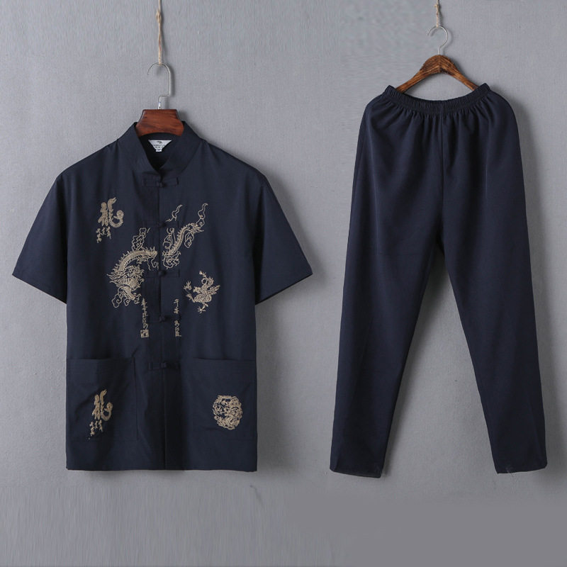 中老年短袖立领衬衫夏男式中式唐装刺绣宽松太极服酒店中国风汉服,男装民族服装,星座1712