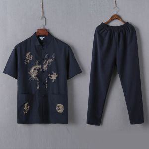 中老年短袖立领衬衫夏男式中式唐装刺绣宽松太极服酒店中国风汉服图片
