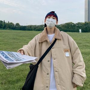 2024冬季日系复古牛仔棉服男ins潮流宽松加绒加厚翻领夹克外套图片