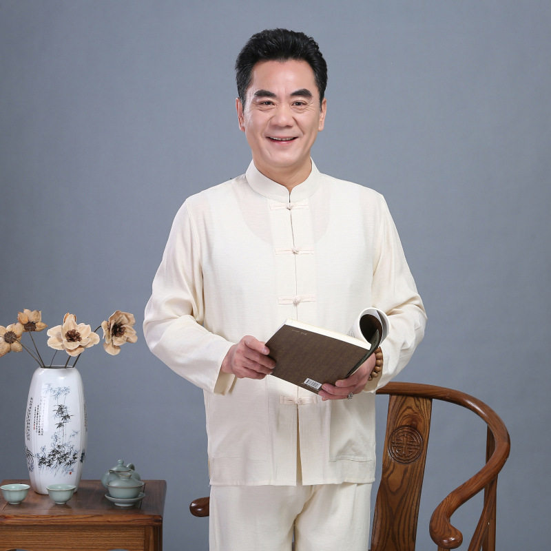 春秋唐装男套装中老年长袖亚麻衬衫中式大码爸爸装休闲中国风汉服,男装民族服装,星座1712