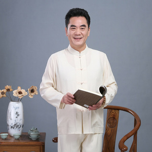春秋唐装男套装中老年长袖亚麻衬衫中式大码爸爸装休闲风汉服,蓝格子衬衫搭配6图片