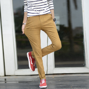 2020弹力修身休闲男士青年长裤男式格子小直筒棉麻裤-519-P40