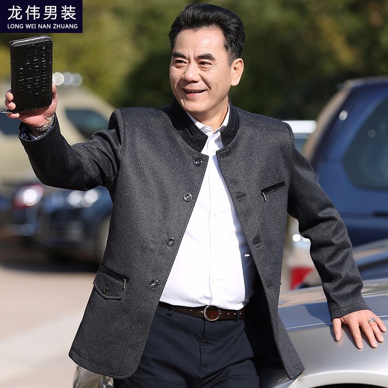 2021春季新款中老年男士夹克商务休闲立领薄款风衣外套爸爸男装图片