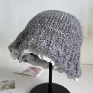 韩系蕾丝花边针织渔夫帽子女秋冬时尚 甜美保暖百搭显脸小毛线盆帽