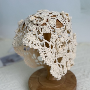 日系复古镂空手工钩花针织帽子女夏季 百搭包头帽可爱套头帽子 薄款