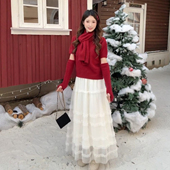 欧洲站欧货秋冬网纱木耳边蛋糕裙中长款 半身裙气质纱裙半身裙长裙