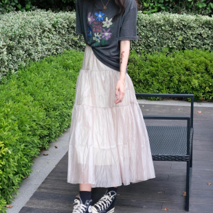 韩系网纱百褶半身裙女春季 蓬蓬蛋糕裙高腰显瘦欧根纱裙褶皱裙 新款