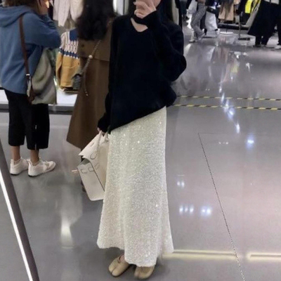 中长款鱼尾裙A字亮片半身裙