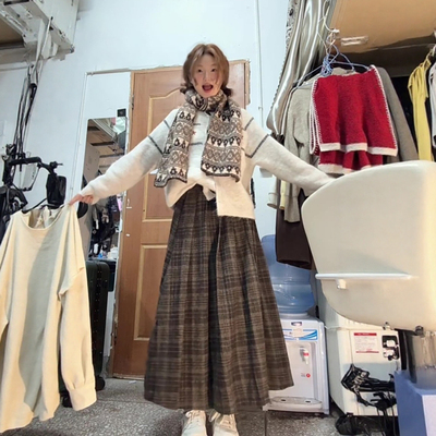 中长款百褶裙A字毛呢格子半身裙