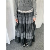 轻亚风古早日杂叠穿格子拼接蛋糕裙女设计感荷叶边中长裙半身裙子