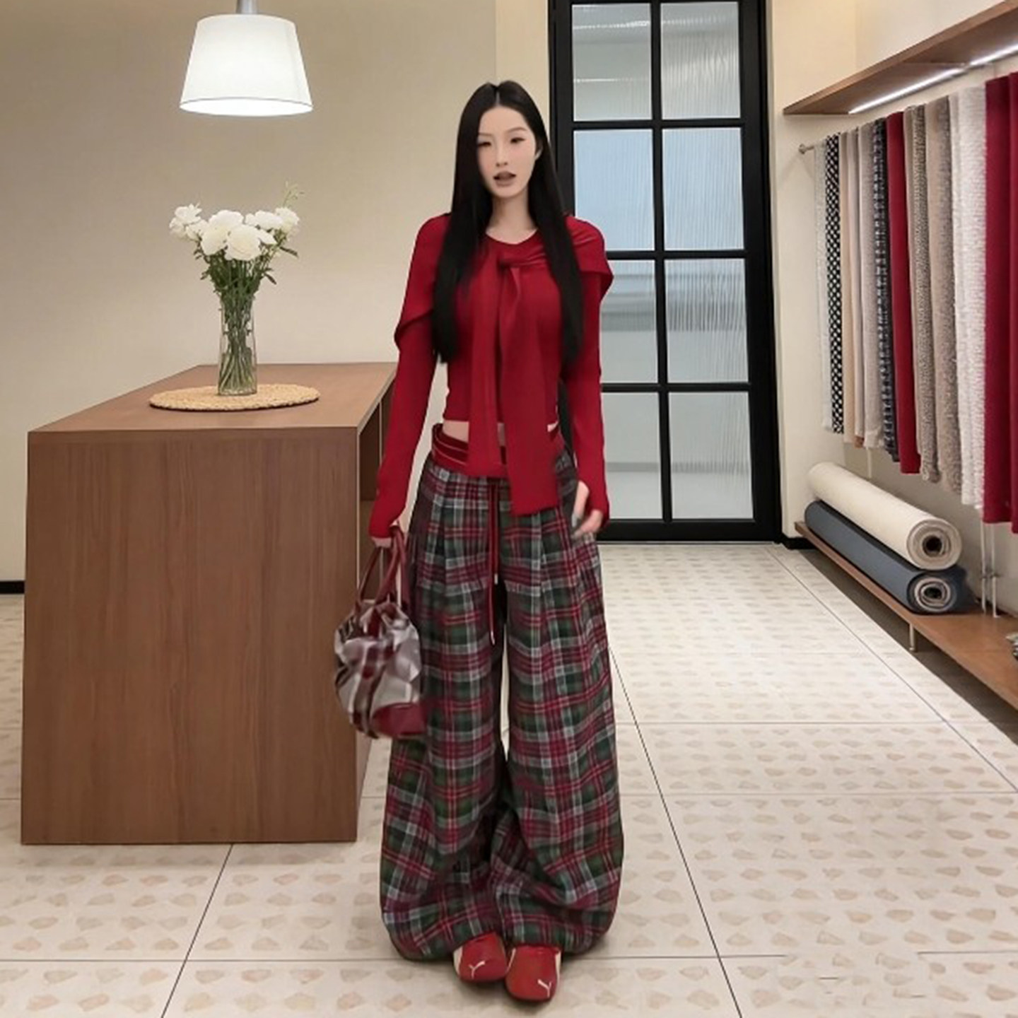 红色格子裤宽松长裤女秋冬2025新款高腰显瘦显腿长阔腿拖地休闲裤,女装/女士精品,休闲裤,淘宝优惠券,粉丝福利购,淘宝优惠卷