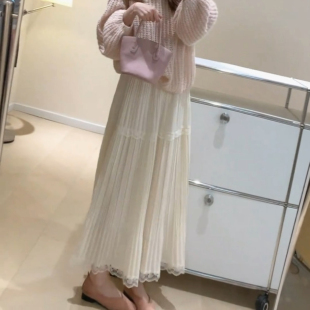 法式 淑女风松紧腰垂感长裙 温柔风蕾丝边百褶半身裙2026年春夏新款