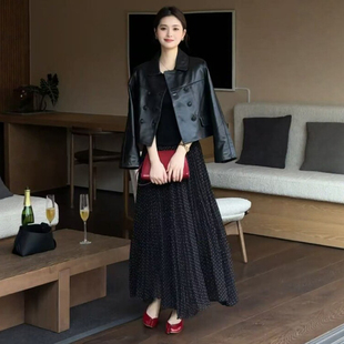 春季新款时尚气质爆款黑色波点半身长裙女宽松法式半身裙新款纱裙