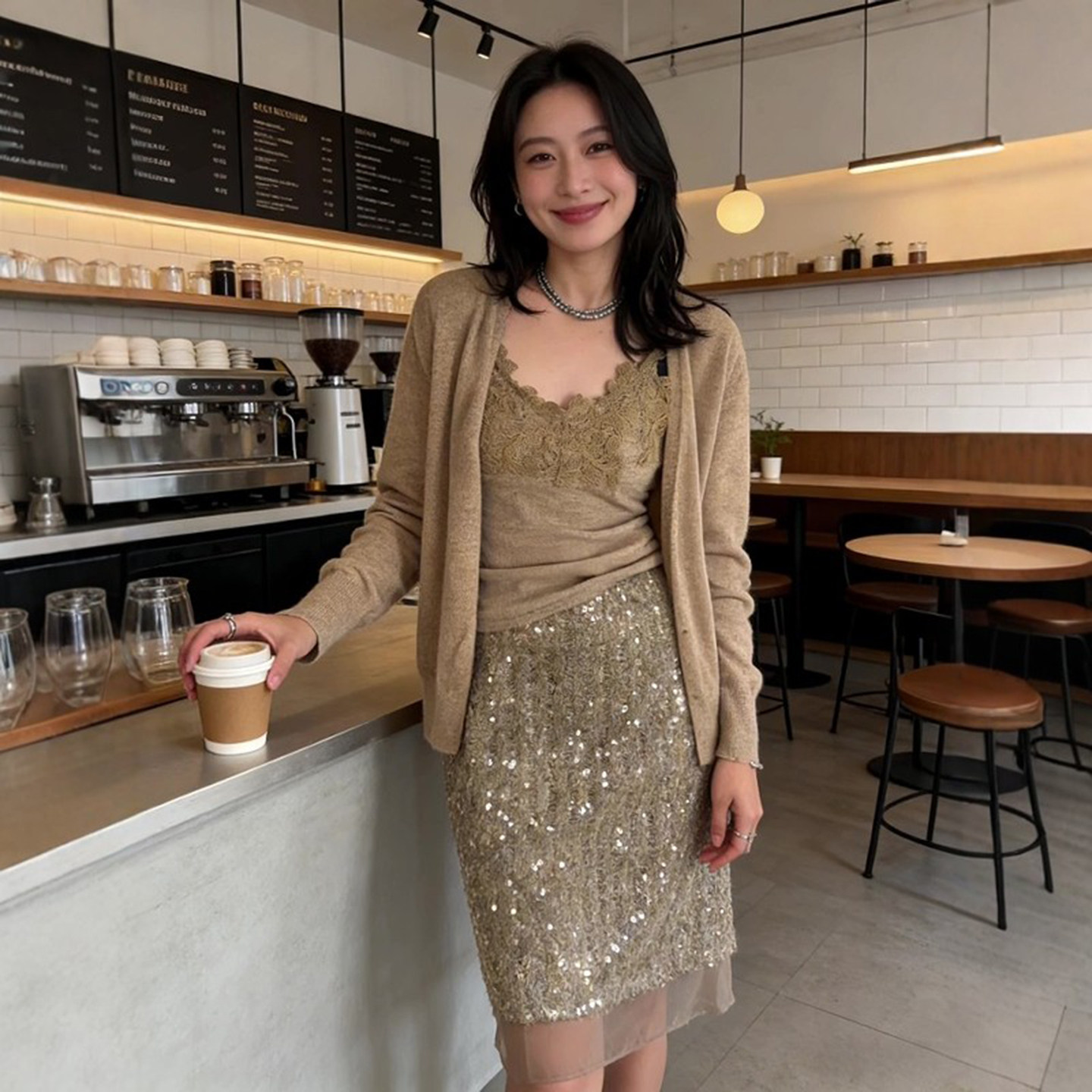 中裙女2026新款轻熟风高级感蕾丝拼接直筒裙子高腰显瘦亮片半身裙