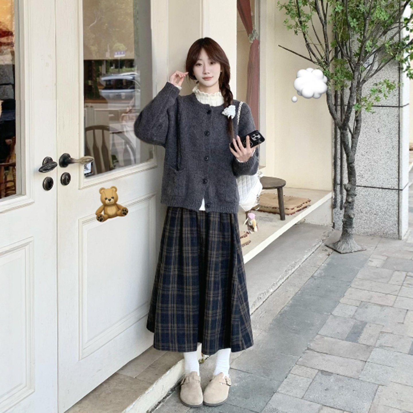 中长款百褶裙A字毛呢格子半身裙