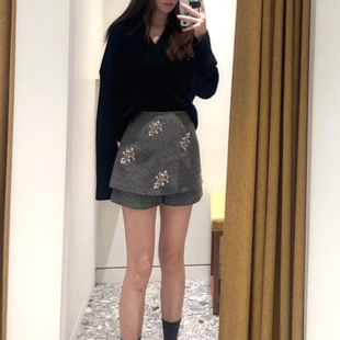 超好看的灰色亮片刺绣高腰毛呢半身裤裙女装2026新款冬季短款裙子