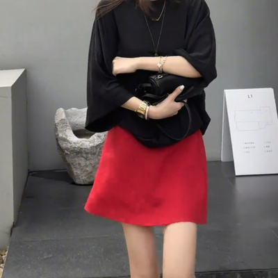 短裙包臀裙A字红色亚麻半身裙