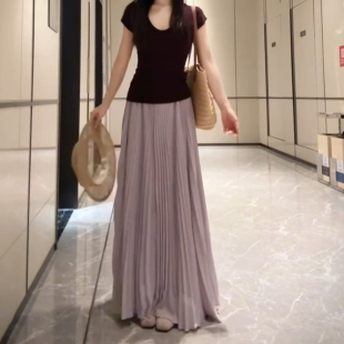 新款 风琴半身裙紫色氛围感出游度假长裙优雅风百褶显瘦气质纱裙女