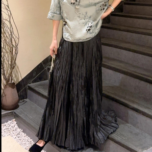 气质a字百褶裙 压褶法式 新款 褶皱不规则半身裙女春高腰压折中长款