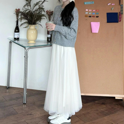中长款大摆A字网纱半身裙