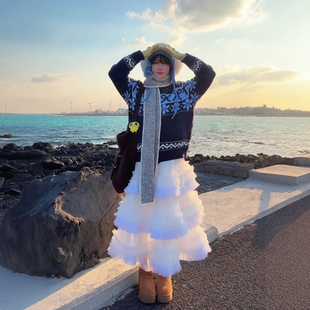 超仙重工荷叶边网纱蛋糕裙高腰白色长裙大裙摆纱裙2025秋冬新款