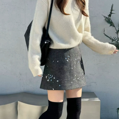 短裙包臀裙A字亮片毛呢半身裙