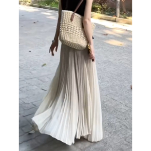 巨显瘦百褶裙夏季女款半身裙子高腰显瘦中长款百搭A字雪纺长裙子