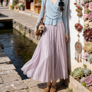 温柔风紫色半身裙女春夏季 高腰a字中长裙网纱百褶裙伞裙 2026新款