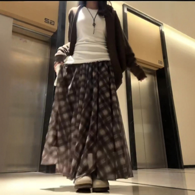 长裙大摆A字网纱格子半身裙
