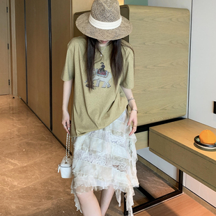 浪漫蕾丝风不规则荷叶边半身裙欧货春夏新品层叠设计显瘦减龄中裙