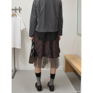 韩国东大门早春新款 韩系小众设计感剪裁菱格拼接网纱不规则半身裙