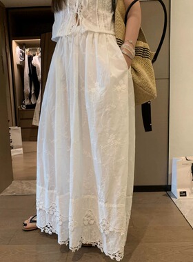 法式白色长裙女春季新款重工蕾丝刺绣提花半身裙高腰拖地a字长裙