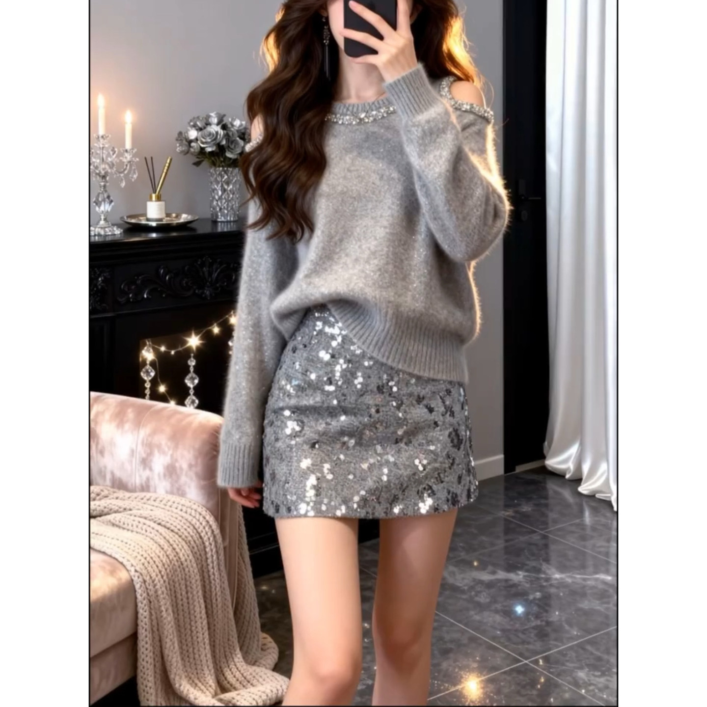银色闪闪亮片毛呢半身裙女秋冬新款加厚毛呢高腰包臀显瘦A字短裙,女装/女士精品,半身裙,淘宝优惠券,粉丝福利购,淘宝优惠卷