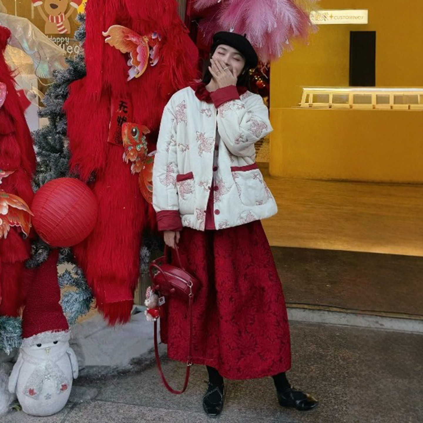 新中式复古红色探春令提花半身裙中长款廓形蓬蓬裙招财小红裙女春,女装/女士精品,半身裙,淘宝优惠券,粉丝福利购,淘宝优惠卷