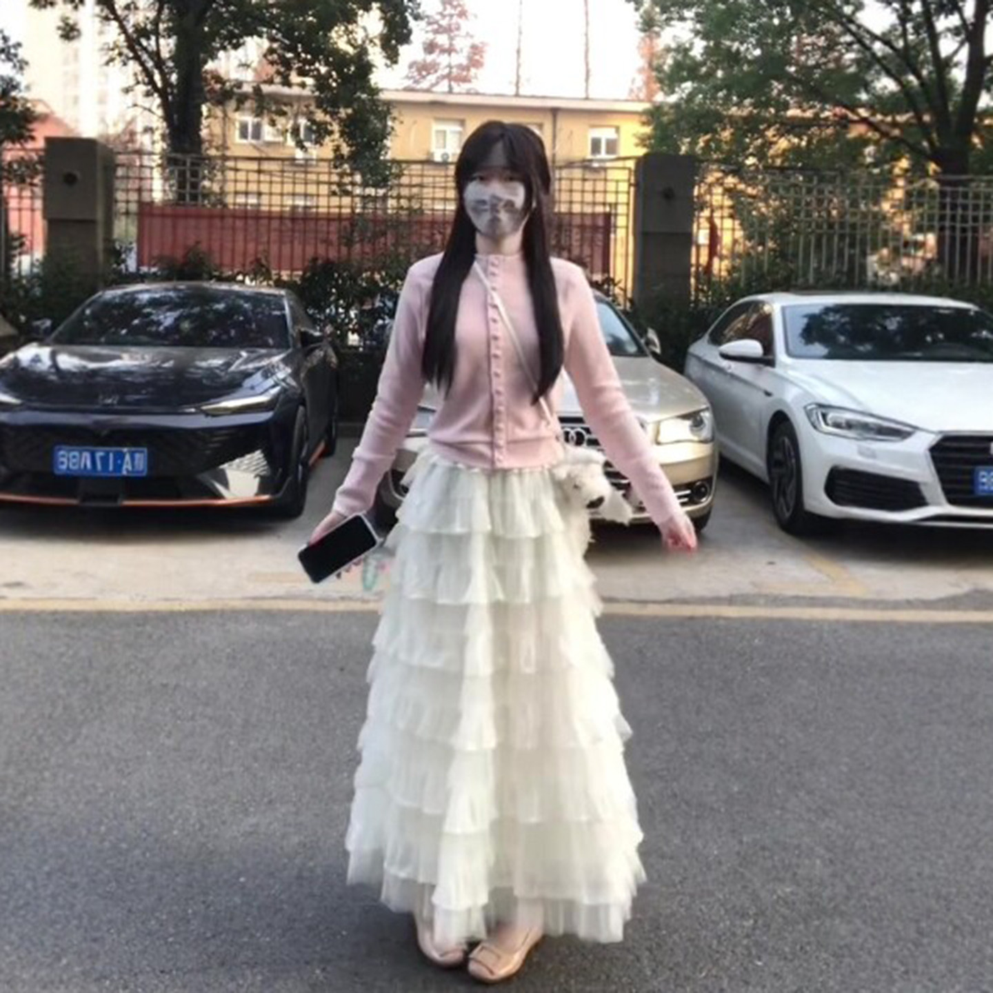 蓬蓬法式层层蛋糕裙网纱半身裙女秋冬新款百搭中长款杏色a字长裙