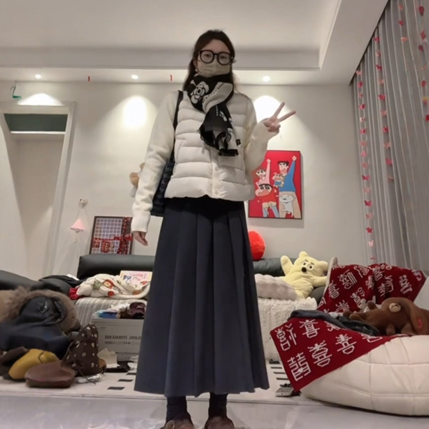 中长款百褶裙A字毛呢半身裙