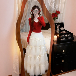 浪漫重工荷叶边蛋糕裙层次感蝴蝶结显瘦气质可爱A字裙半身纱裙a字